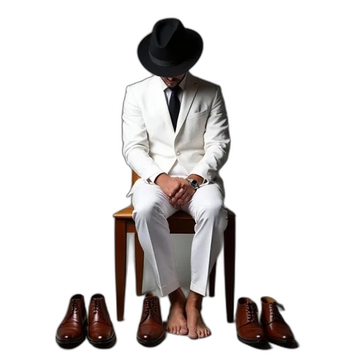 shoes, hat, furniture, staff, concept art, photorealistic, man, white transparent PNG cut-out