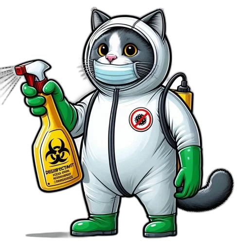 robot, cartoon, cat, hazmat, suit, sprays, disinfectant, while transparent PNG cut-out