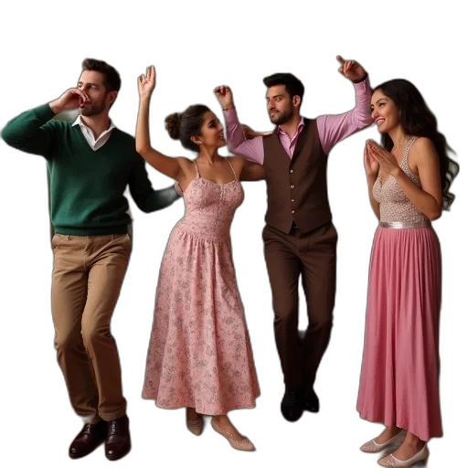 dress, staff, group, four, people, dancing, living, room transparent PNG cut-out