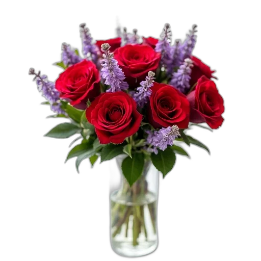 flower, photorealistic, 3d render, red, bouquet, roses, few, purple transparent PNG cut-out