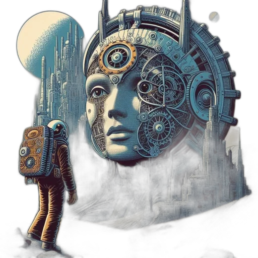 robot, mask, face, concept art, fantasy art, cyberpunk, comic book art, outer space transparent PNG cut-out