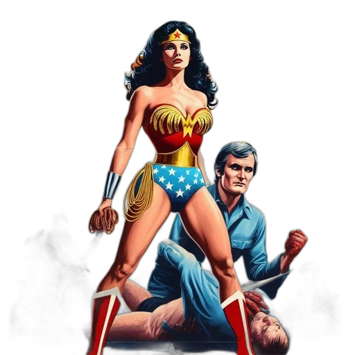 comic book art, concept art, wonder, woman, stands, before, american, flag transparent PNG cut-out