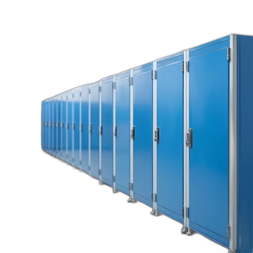 3d render, blue, row, white, storage, units, metal, doors transparent PNG cut-out