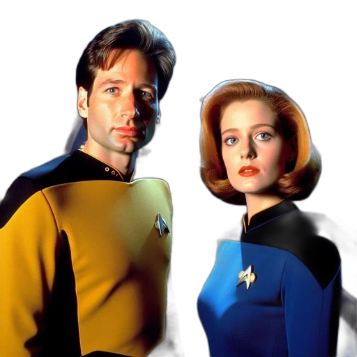 outer space, two, characters, star, trek, uniforms, stand, within transparent PNG cut-out