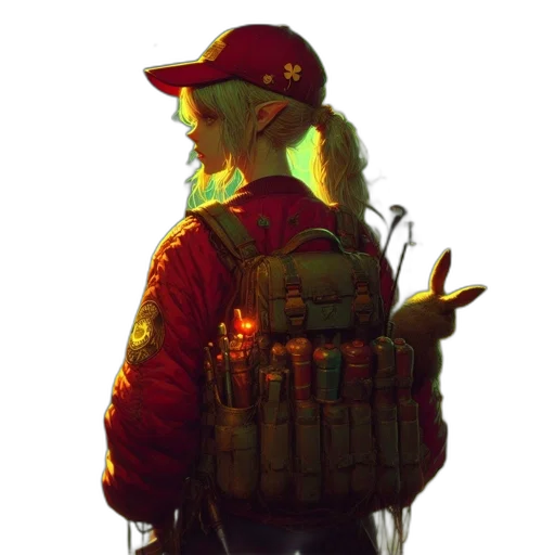 jacket, staff, weapon, hat, concept art, cyberpunk, pixel art, fantasy art transparent PNG cut-out