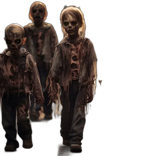 concept art, 3d render, zombie, children, walk, dimly, lit, wooded transparent PNG cut-out