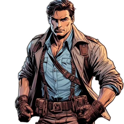 jacket, comic book art, concept art, cartoon, earth tones, imposing, man, his transparent PNG cut-out