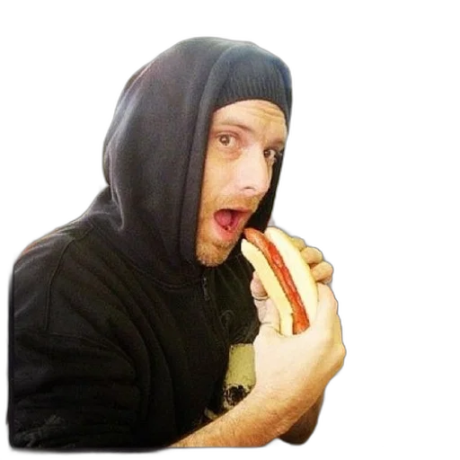food, creature, animal, jacket, man, black, hoodie, eating transparent PNG cut-out