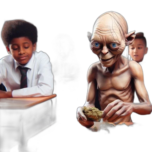 concept art, photorealistic, 3d render, comic book art, surreal, classroom, setting, gollum-like transparent PNG cut-out