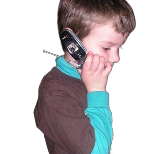 staff, young, boy, holding, flip, phone, his, ear transparent PNG cut-out
