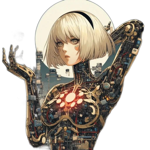 robot, weapon, dress, jewelry, concept art, cyberpunk, fantasy art, comic book art transparent PNG cut-out
