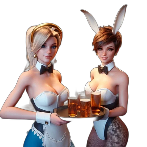 3d render, concept art, fantasy art, pixel art, two, cartoonish, females, bunny transparent PNG cut-out