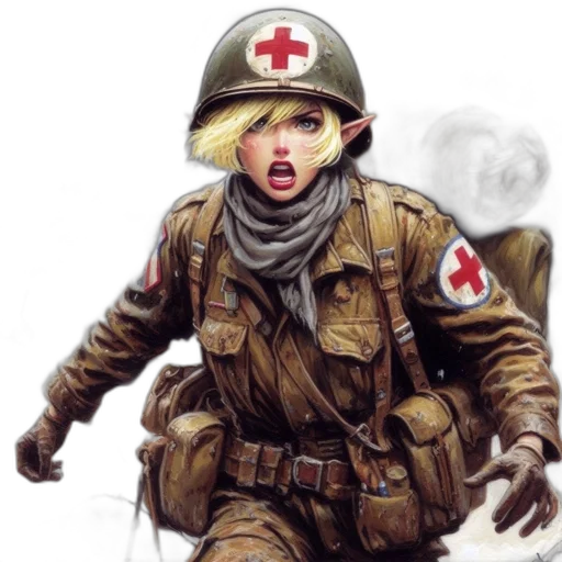 concept art, comic book art, fantasy art, photorealistic, war-torn, landscape, woman, military transparent PNG cut-out