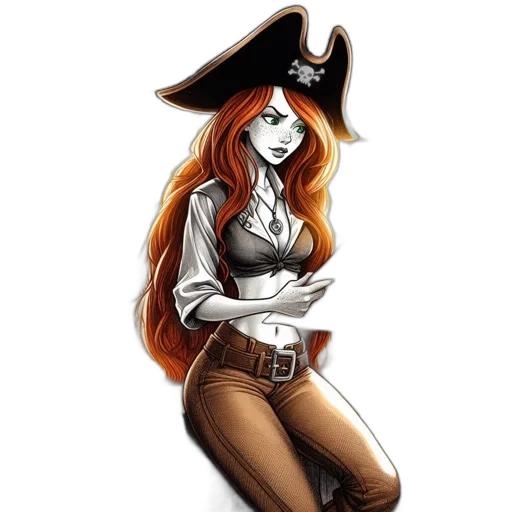staff, hat, fantasy art, comic book art, cartoon, concept art, female, pirate transparent PNG cut-out