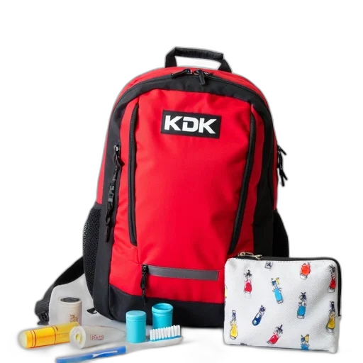 red, black, backpack, word, kdk, placed, white, surface transparent PNG cut-out
