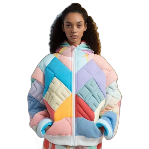 jacket, vaporwave, pastel, colorful, neon, blue, woman, quilted transparent PNG cut-out