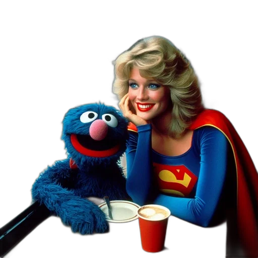 woman, blonde, hair, dressed, superman, sits, blue, grover transparent PNG cut-out