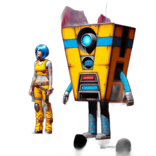 robot, staff, concept art, 3d render, pixel art, outer space, stage, scene transparent PNG cut-out