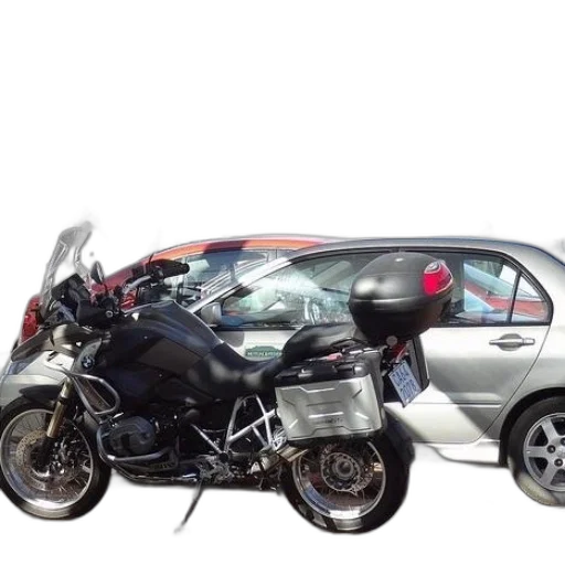 car, motorcycle, parked, next, silver, front, bus transparent PNG cut-out