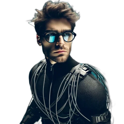 jacket, robot, hair, animal, cyberpunk, concept art, comic book art, 3d render transparent PNG cut-out