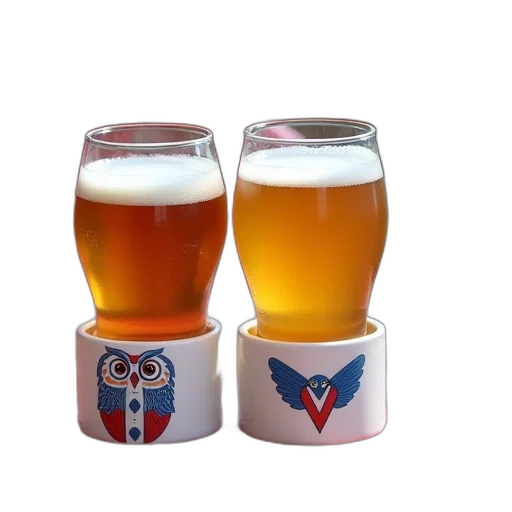 two, glasses, beer, placed, red, table, white, mesh transparent PNG cut-out
