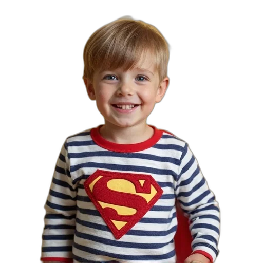 face, photorealistic, child, striped, shirt, red, superhero, graphic transparent PNG cut-out
