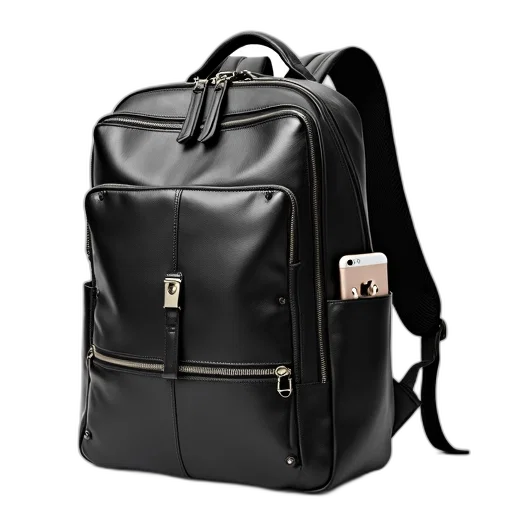 black, leather, backpack, silver, zipper, metal, clip, front transparent PNG cut-out