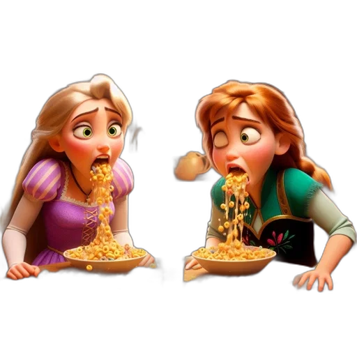 food, 3d render, concept art, pixel art, cartoon, two, animated, females transparent PNG cut-out