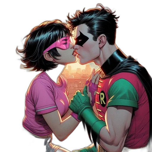 comic book art, colorful, neon, two, animated, characters, one, robin transparent PNG cut-out