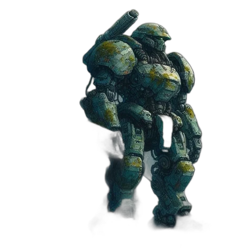 robot, weapon, creature, concept art, 3d render, pixel art, fantasy art, green transparent PNG cut-out