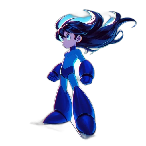 robot, hair, dress, concept art, pixel art, anime, cartoon, blue transparent PNG cut-out