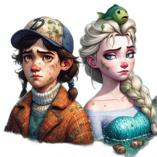 fantasy art, concept art, pixel art, comic book art, green, pastel, two, characters transparent PNG cut-out