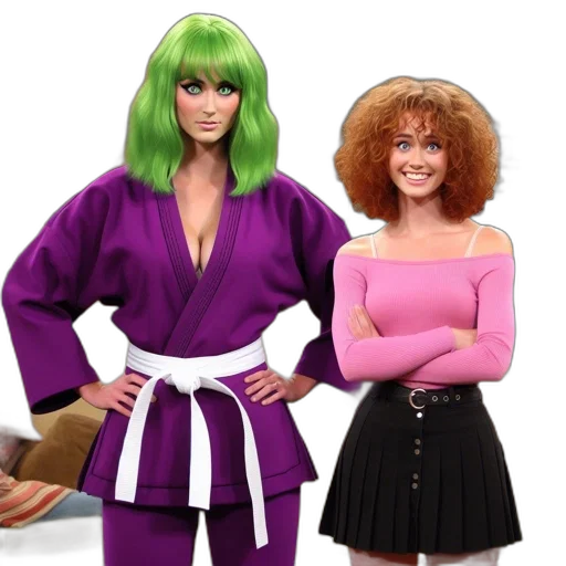 3d render, concept art, two, women, one, vibrant, green, hair transparent PNG cut-out