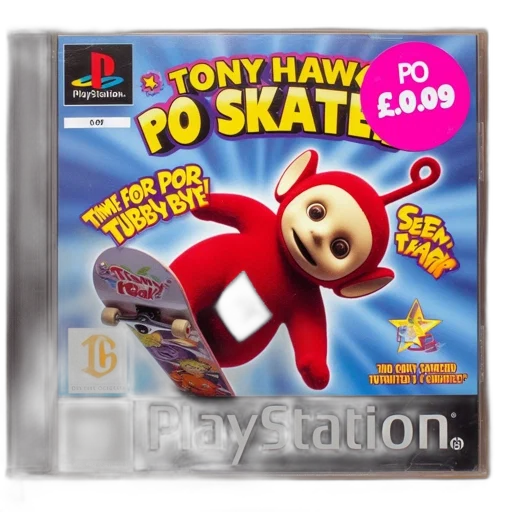 concept art, 3d render, vintage, playstation, game, case, displays, skateboarding transparent PNG cut-out