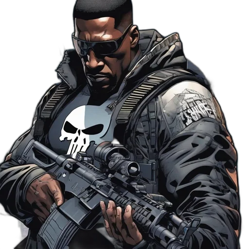 jacket, weapon, concept art, comic book art, cyberpunk, comic, character, skull transparent PNG cut-out