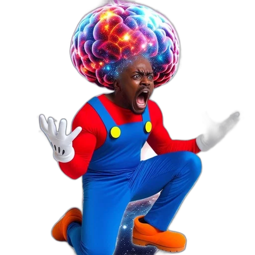 creature, crown, hat, hair, concept art, 3d render, cartoon, mario-costumed transparent PNG cut-out
