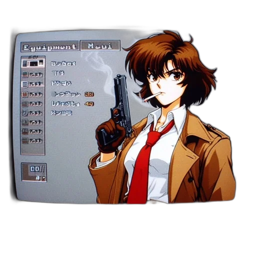 weapon, jacket, staff, robot, pixel art, vaporwave, concept art, anime transparent PNG cut-out
