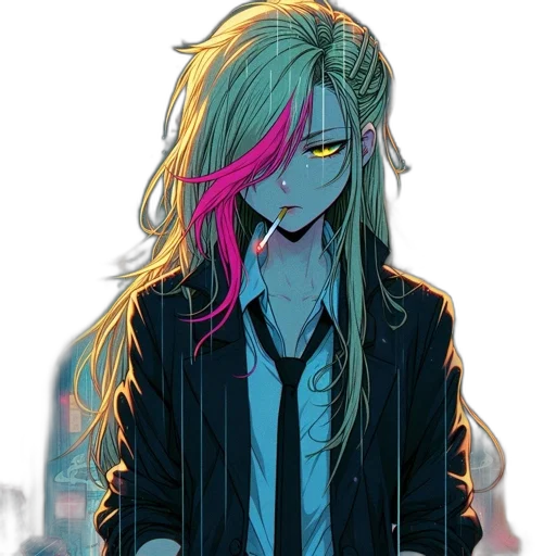 jacket, hair, staff, cyberpunk, anime, cartoon, comic book art, neon lights transparent PNG cut-out
