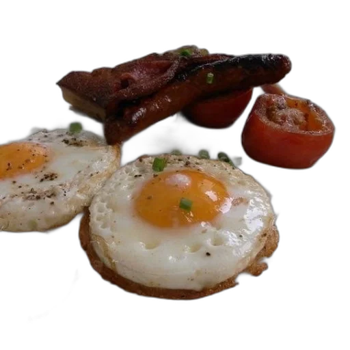 food, 3d render, photorealistic, fog, plate, eggs, tomatoes, sausage transparent PNG cut-out