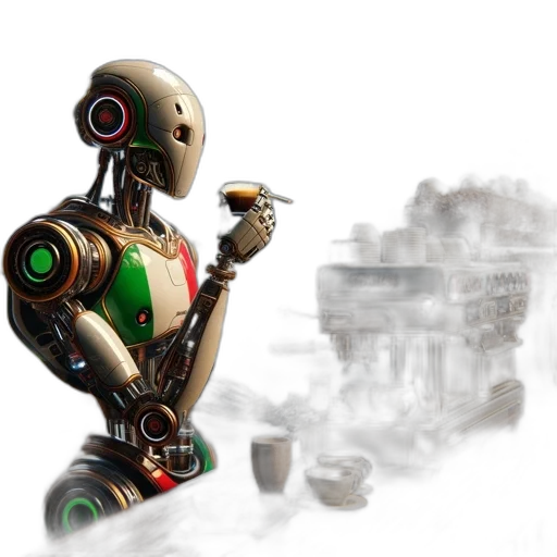 robot, concept art, 3d render, cyberpunk, pixel art, vintage, cafe, setting transparent PNG cut-out