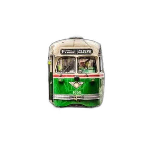 3d render, photorealistic, vintage, green, white, trolley, car, destination transparent PNG cut-out