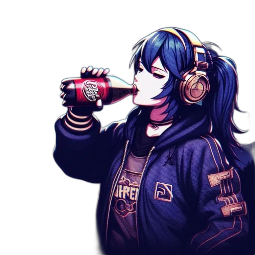 jacket, bottle, robot, weapon, cyberpunk, vaporwave, anime, pixel art transparent PNG cut-out
