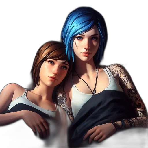 concept art, photorealistic, fantasy art, comic book art, neon lights, blue, two, female transparent PNG cut-out