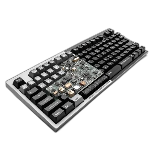 3d render, cyberpunk, black, white, keyboard, visible, circuit, board transparent PNG cut-out