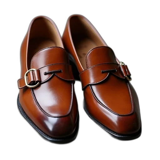 shoes, photorealistic, 3d render, pair, brown, leather, loafers, metallic transparent PNG cut-out