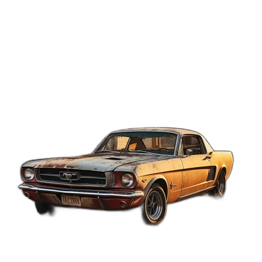 car, photorealistic, 3d render, concept art, old, rusty, ford, mustang transparent PNG cut-out