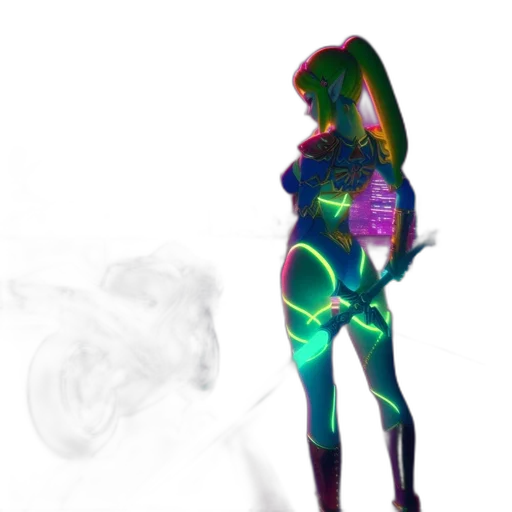 robot, dress, jacket, weapon, concept art, cyberpunk, 3d render, vaporwave transparent PNG cut-out