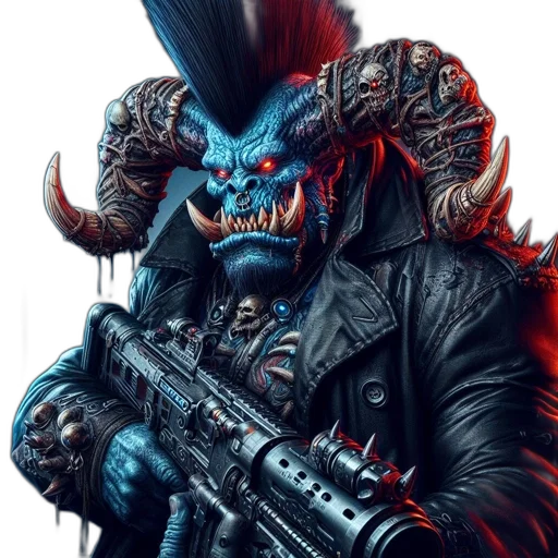mask, weapon, creature, jacket, concept art, cyberpunk, fantasy art, comic book art transparent PNG cut-out