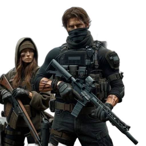 weapon, concept art, 3d render, pixel art, cyberpunk, two, individuals, armed transparent PNG cut-out