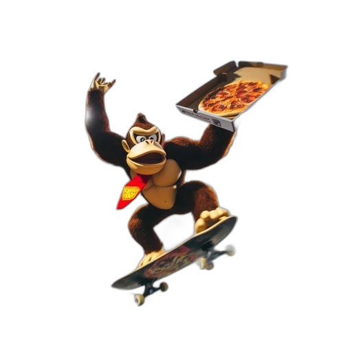 food, concept art, 3d render, donkey, kong, depicted, mid-skateboard, jump transparent PNG cut-out